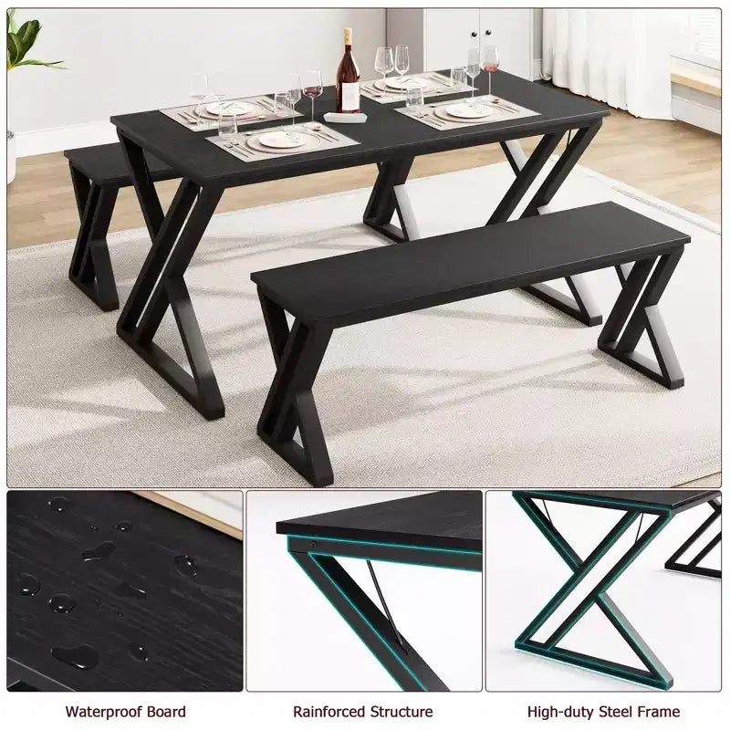Set da Tavolo da Pranzo per 4, Tavolo da Cucina con Robusta Struttura in Metallo, Set Tavolo da Pranzo Rettangolare con 2 Panche, Salvaspazio per Cucina, Sala da Pranzo