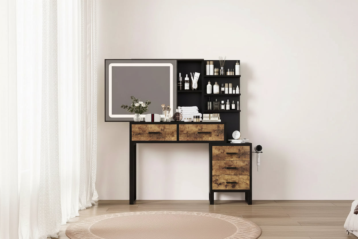 Vanity Desk with Mirror and Lights, Makeup Vanity Desk with Sliding Lighted Mirror, 3 Lighting Modes, 5 Large Drawers and 3 Tiers, for Bedroom, Black