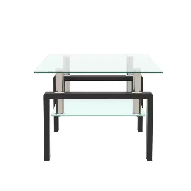 Tavolino Moderno in Vetro con Doppio Ripiano Contenitore e Gambe in Tubo Metallico per Soggiorno o Ufficio