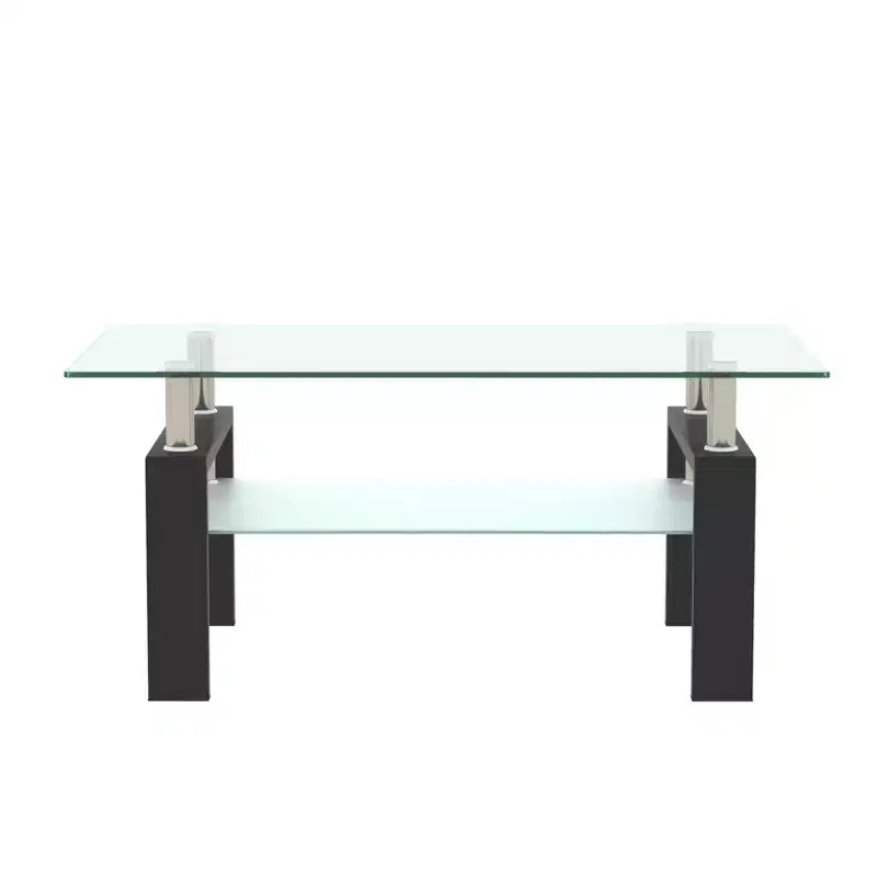 Tavolino Moderno in Vetro con Doppio Ripiano Contenitore e Gambe in Tubo Metallico per Soggiorno o Ufficio