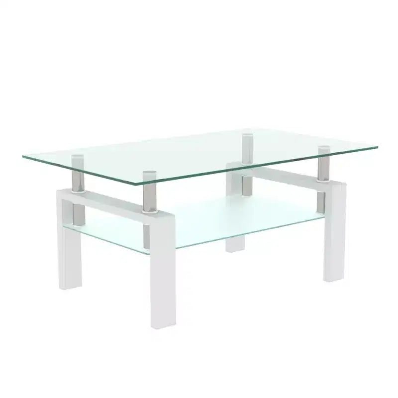 Tavolino Moderno in Vetro con Doppio Ripiano Contenitore e Gambe in Tubo Metallico per Soggiorno o Ufficio
