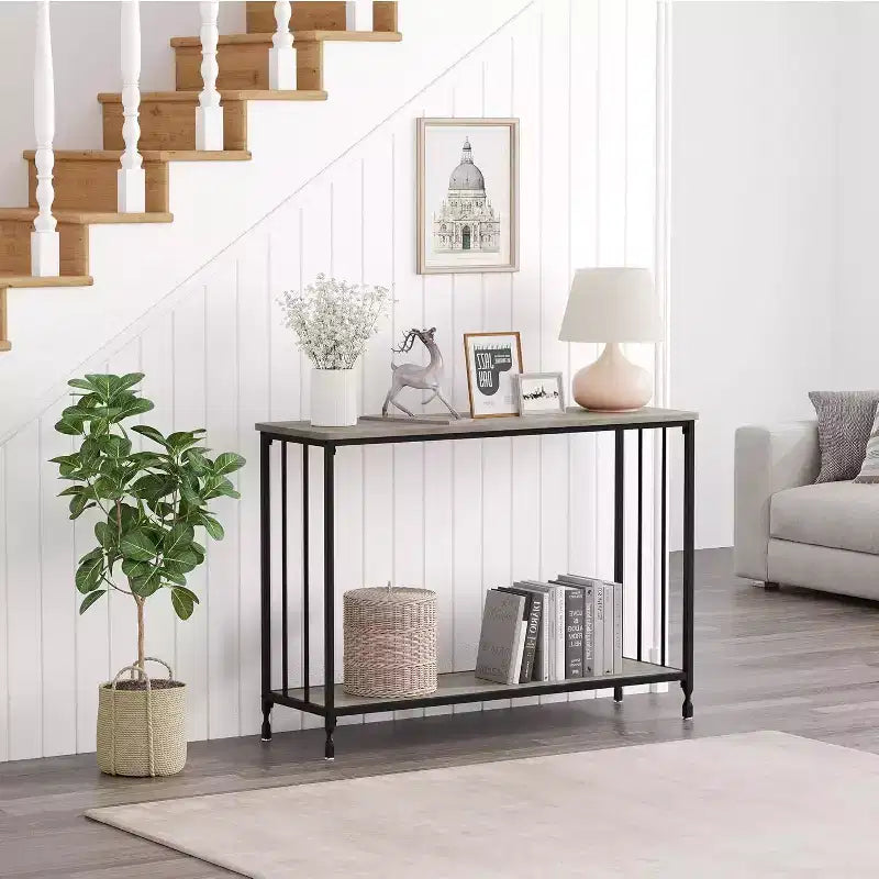 Acekool Narrow Entryway Console Table, Industrial Sofa Table with Storage Shelf, for Hallway, Living Room, Office