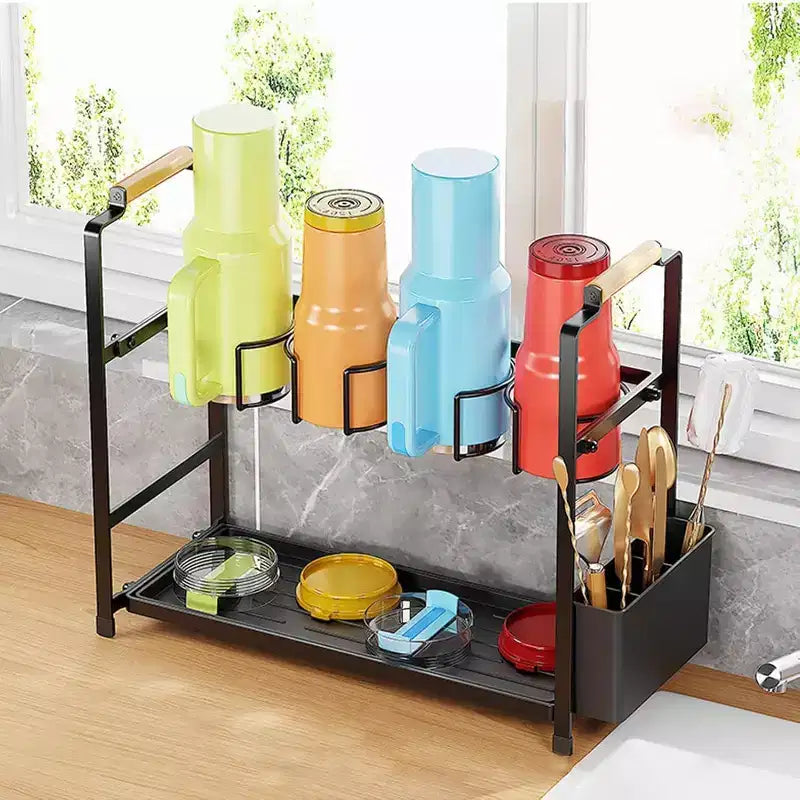 Portabottiglie organizer, portaoggetti per bottiglie d'acqua a doppio strato, portabicchieri in acciaio al carbonio con vassoio per ripiani da cucina