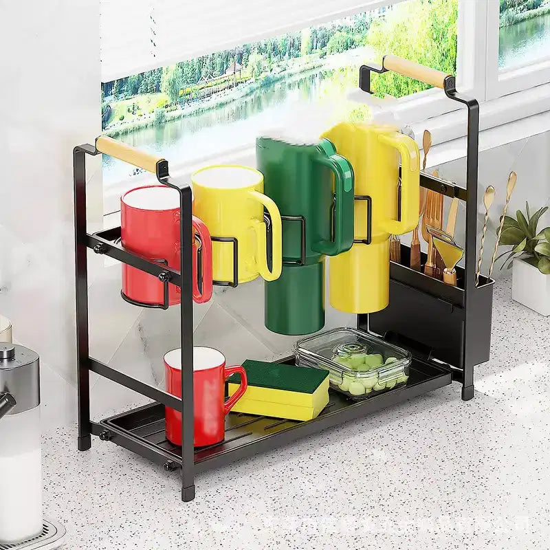 Portabottiglie organizer, portaoggetti per bottiglie d'acqua a doppio strato, portabicchieri in acciaio al carbonio con vassoio per ripiani da cucina