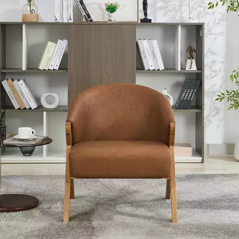 Poltrona d'accento Mid-Century, velluto Teddy, lino, pelle PU con struttura in legno, 1 pz