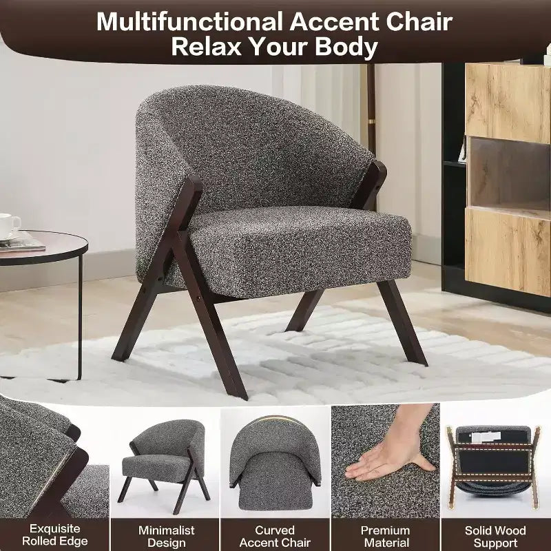 Poltrona d'accento Mid-Century, velluto Teddy, lino, pelle PU con struttura in legno, 1 pz