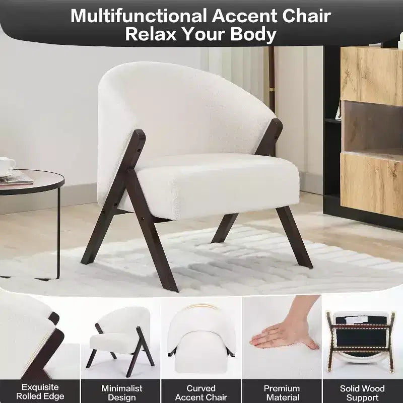 Poltrona d'accento Mid-Century, velluto Teddy, lino, pelle PU con struttura in legno, 1 pz