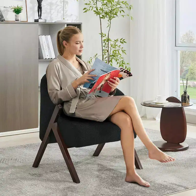 Poltrona d'accento Mid-Century, velluto Teddy, lino, pelle PU con struttura in legno, 1 pz