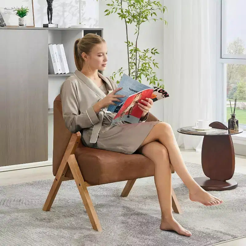 Poltrona d'accento Mid-Century, velluto Teddy, lino, pelle PU con struttura in legno, 1 pz