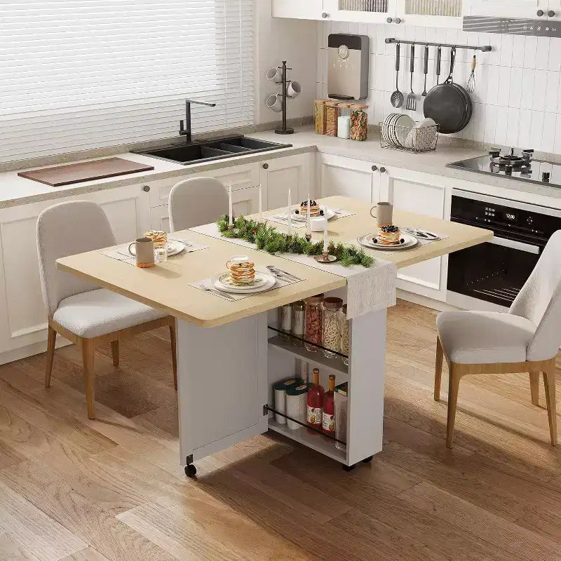 Tavolo da pranzo pieghevole salvaspazio con contenitore - Tavolo da cucina con 6 ruote (4 bloccabili) + cassetto e ripiani, compatto per piccoli spazi