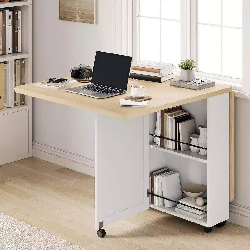 Tavolo da pranzo pieghevole salvaspazio con contenitore - Tavolo da cucina con 6 ruote (4 bloccabili) + cassetto e ripiani, compatto per piccoli spazi