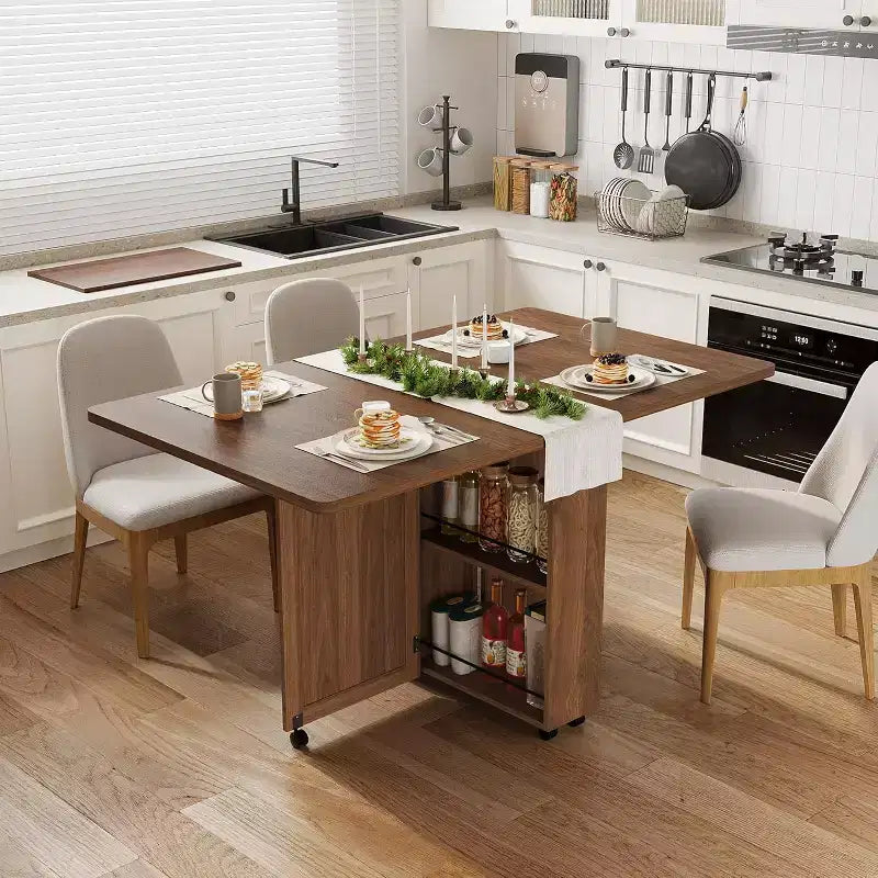 Tavolo da pranzo pieghevole salvaspazio con contenitore - Tavolo da cucina con 6 ruote (4 bloccabili) + cassetto e ripiani, compatto per piccoli spazi