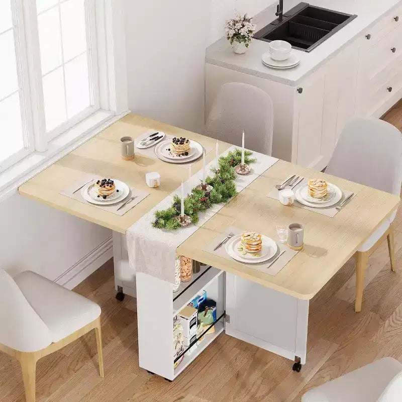 Tavolo da pranzo pieghevole salvaspazio con contenitore - Tavolo da cucina con 6 ruote (4 bloccabili) + cassetto e ripiani, compatto per piccoli spazi