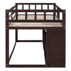 Letto a soppalco basso con scrivania a rotelle e mensole portaoggetti, letto a soppalco singolo in legno con 2 cassetti e lavagna per bambini