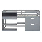Letto a soppalco basso con scrivania a rotelle e mensole portaoggetti, letto a soppalco singolo in legno con 2 cassetti e lavagna per bambini