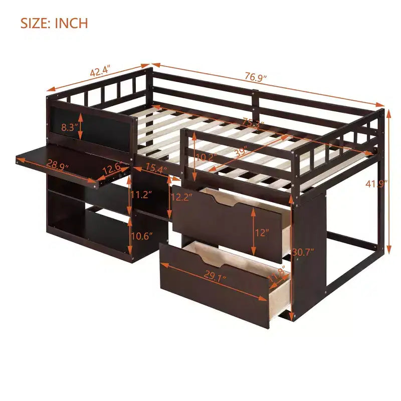 Letto a soppalco basso con scrivania a rotelle e mensole portaoggetti, letto a soppalco singolo in legno con 2 cassetti e lavagna per bambini