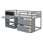 Letto a soppalco basso con scrivania a rotelle e mensole portaoggetti, letto a soppalco singolo in legno con 2 cassetti e lavagna per bambini