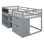 Letto a soppalco basso con scrivania a rotelle e mensole portaoggetti, letto a soppalco singolo in legno con 2 cassetti e lavagna per bambini