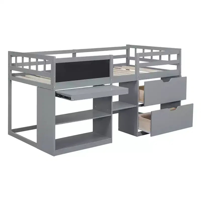 Letto a soppalco basso con scrivania a rotelle e mensole portaoggetti, letto a soppalco singolo in legno con 2 cassetti e lavagna per bambini