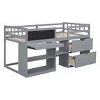Letto a soppalco basso con scrivania a rotelle e mensole portaoggetti, letto a soppalco singolo in legno con 2 cassetti e lavagna per bambini