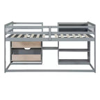 Letto a soppalco basso con scrivania a rotelle e mensole portaoggetti, letto a soppalco singolo in legno con 2 cassetti e lavagna per bambini