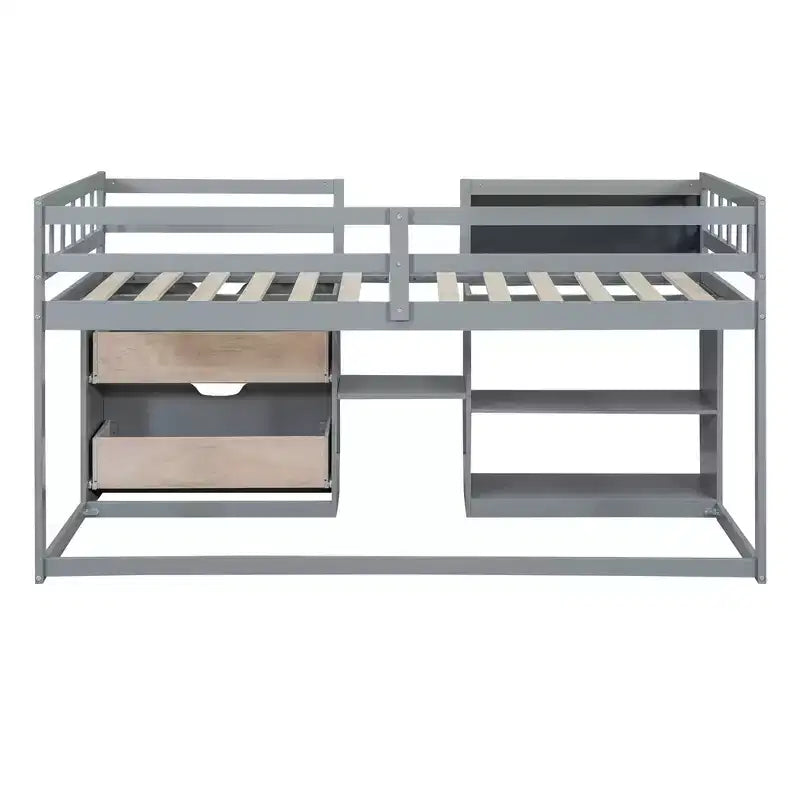 Letto a soppalco basso con scrivania a rotelle e mensole portaoggetti, letto a soppalco singolo in legno con 2 cassetti e lavagna per bambini