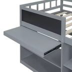 Letto a soppalco basso con scrivania a rotelle e mensole portaoggetti, letto a soppalco singolo in legno con 2 cassetti e lavagna per bambini