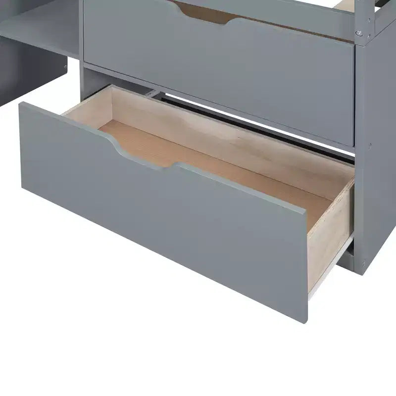 Letto a soppalco basso con scrivania a rotelle e mensole portaoggetti, letto a soppalco singolo in legno con 2 cassetti e lavagna per bambini