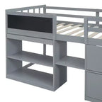 Letto a soppalco basso con scrivania a rotelle e mensole portaoggetti, letto a soppalco singolo in legno con 2 cassetti e lavagna per bambini