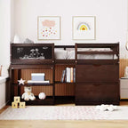 Letto a soppalco basso con scrivania a rotelle e mensole portaoggetti, letto a soppalco singolo in legno con 2 cassetti e lavagna per bambini