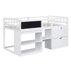 Letto a soppalco basso con scrivania a rotelle e mensole portaoggetti, letto a soppalco singolo in legno con 2 cassetti e lavagna per bambini