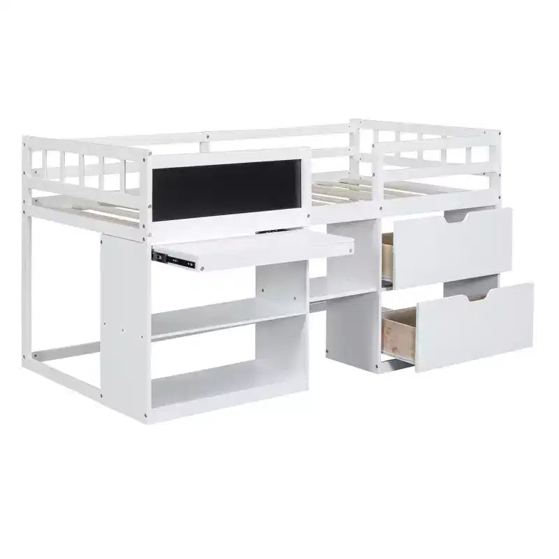 Letto a soppalco basso con scrivania a rotelle e mensole portaoggetti, letto a soppalco singolo in legno con 2 cassetti e lavagna per bambini