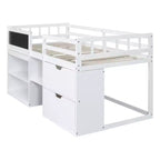 Letto a soppalco basso con scrivania a rotelle e mensole portaoggetti, letto a soppalco singolo in legno con 2 cassetti e lavagna per bambini
