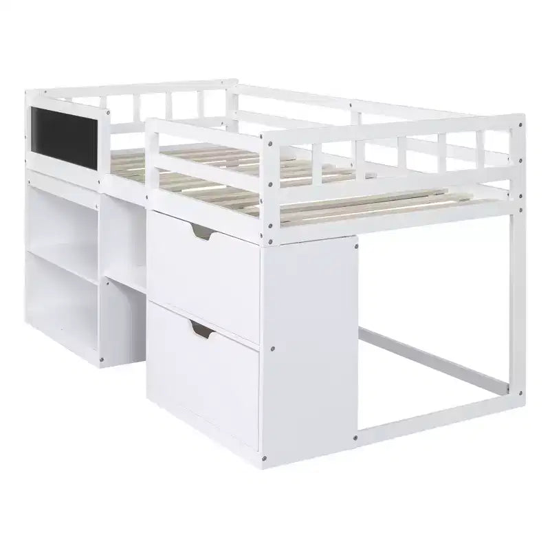 Letto a soppalco basso con scrivania a rotelle e mensole portaoggetti, letto a soppalco singolo in legno con 2 cassetti e lavagna per bambini