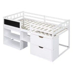Letto a soppalco basso con scrivania a rotelle e mensole portaoggetti, letto a soppalco singolo in legno con 2 cassetti e lavagna per bambini