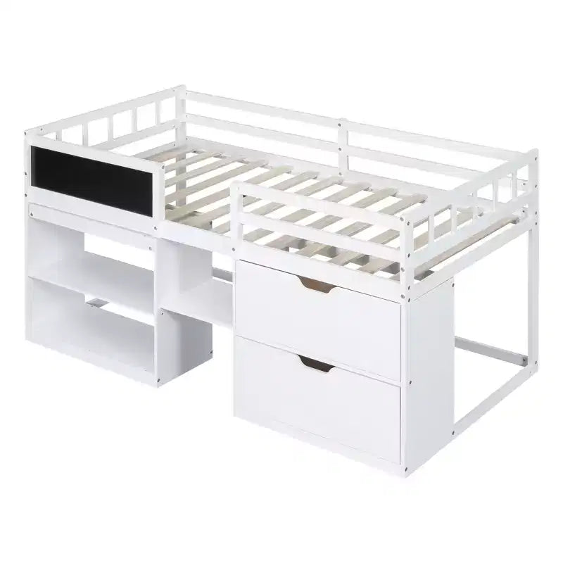 Letto a soppalco basso con scrivania a rotelle e mensole portaoggetti, letto a soppalco singolo in legno con 2 cassetti e lavagna per bambini