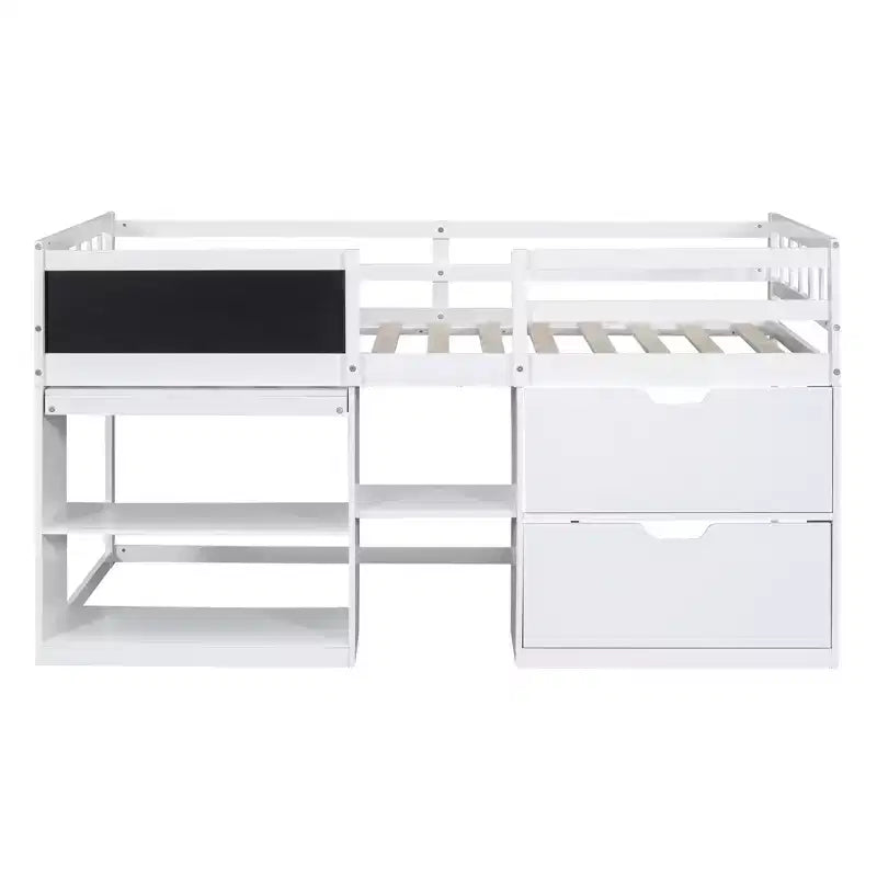 Letto a soppalco basso con scrivania a rotelle e mensole portaoggetti, letto a soppalco singolo in legno con 2 cassetti e lavagna per bambini