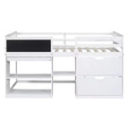 Letto a soppalco basso con scrivania a rotelle e mensole portaoggetti, letto a soppalco singolo in legno con 2 cassetti e lavagna per bambini
