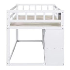 Letto a soppalco basso con scrivania a rotelle e mensole portaoggetti, letto a soppalco singolo in legno con 2 cassetti e lavagna per bambini