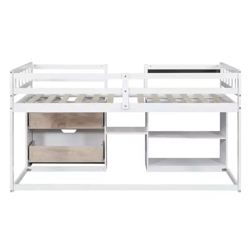 Letto a soppalco basso con scrivania a rotelle e mensole portaoggetti, letto a soppalco singolo in legno con 2 cassetti e lavagna per bambini