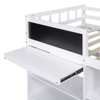 Letto a soppalco basso con scrivania a rotelle e mensole portaoggetti, letto a soppalco singolo in legno con 2 cassetti e lavagna per bambini