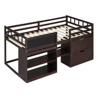 Letto a soppalco basso con scrivania a rotelle e mensole portaoggetti, letto a soppalco singolo in legno con 2 cassetti e lavagna per bambini