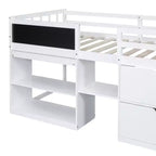 Letto a soppalco basso con scrivania a rotelle e mensole portaoggetti, letto a soppalco singolo in legno con 2 cassetti e lavagna per bambini