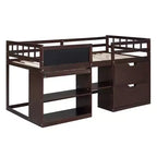 Letto a soppalco basso con scrivania a rotelle e mensole portaoggetti, letto a soppalco singolo in legno con 2 cassetti e lavagna per bambini