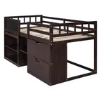 Letto a soppalco basso con scrivania a rotelle e mensole portaoggetti, letto a soppalco singolo in legno con 2 cassetti e lavagna per bambini