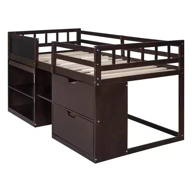Letto a soppalco basso con scrivania a rotelle e mensole portaoggetti, letto a soppalco singolo in legno con 2 cassetti e lavagna per bambini