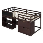 Letto a soppalco basso con scrivania a rotelle e mensole portaoggetti, letto a soppalco singolo in legno con 2 cassetti e lavagna per bambini
