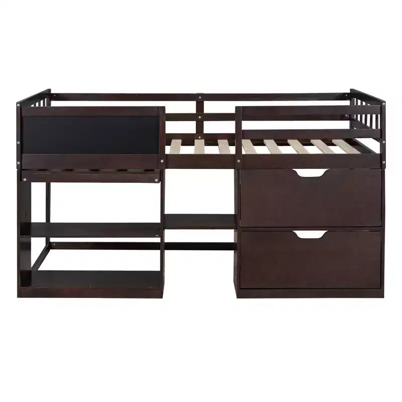 Letto a soppalco basso con scrivania a rotelle e mensole portaoggetti, letto a soppalco singolo in legno con 2 cassetti e lavagna per bambini
