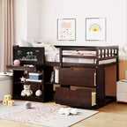 Low Loft Bed with Rolling Desk and Storage Shelves, Wood Twin Size Loft Beds with 2 Drawers and Chalkboard for Kids