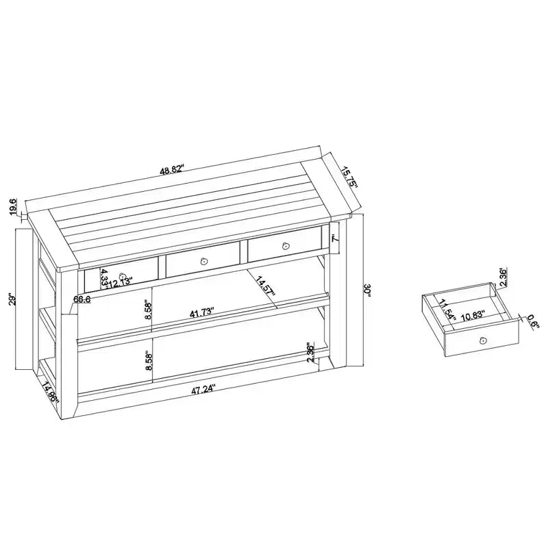 Consolle moderna da 48'' con ripiano in legno massello, 3 cassetti e 2 ripiani, marrone